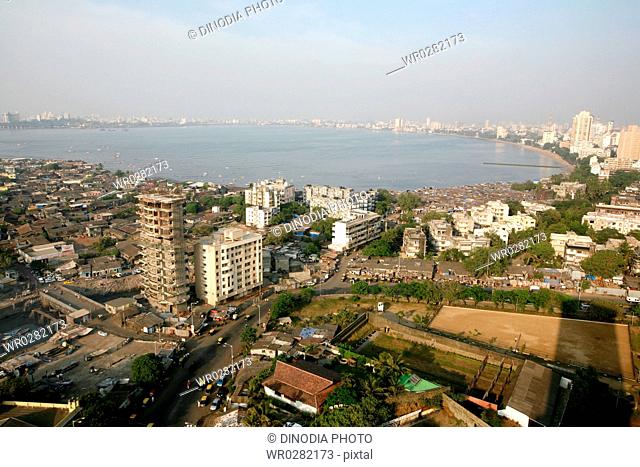 An aerial view of Worli village and Dadar Prabhadevi area around the Dadar Chowpatty , Bombay now Mumbai , Maharashtra , India