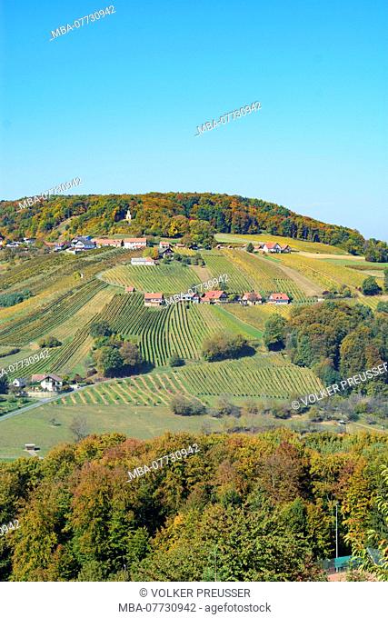 Sankt Anna am Aigen, view from Sankt Anna am Aigen to mountain Stradner Kogel, vineyard in Steirisches Thermenland - Oststeiermark, Steiermark, Styria, Austria