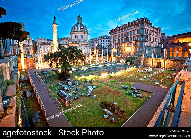 Ancient Trajans Forum square of Rome dawn view, capital city of Italy