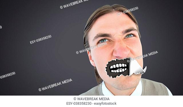 Man with torn paper on mouth and cartoon mouth