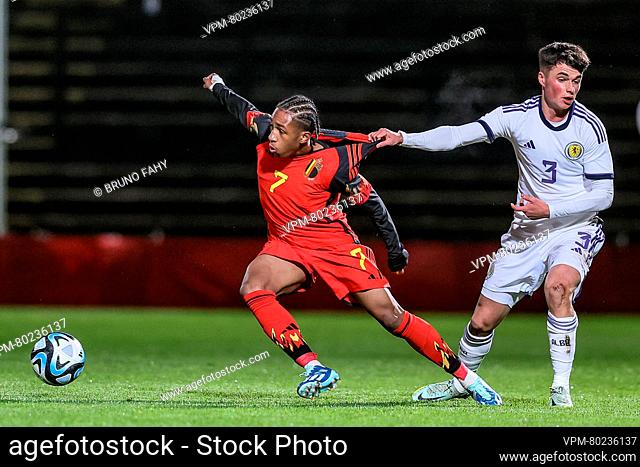 Belgium's Malick Fofana and Scotland's Matthew Anderson fight for the ball during the match between the U21 youth team of the Belgian national soccer team Red...