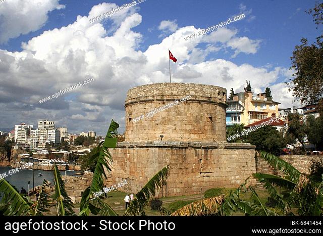 The Hidirlik Kulesi, an old stone tower on the outskirts of the old town of Antalya, above the harbour, Turkey, Asia