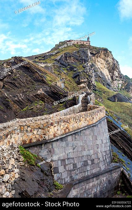 Bermeo, Basque Country, Spain: Monastery of San Juan de Gaztelugatxe on an islet on the coast of Biscay connected to the mainland by a man made bridge