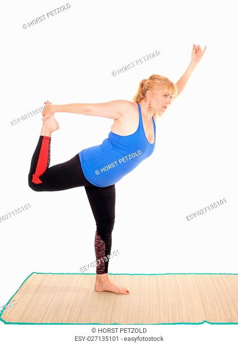 A lovely blond woman in yoga outfit showing some poses for yoga.exercises, isolated for white background.