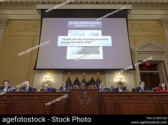 WASHINGTON, DC - OCTOBER 13: An excerpt from a Secret Service email is displayed during a hearing by the United States House Select Committee to Investigate the...