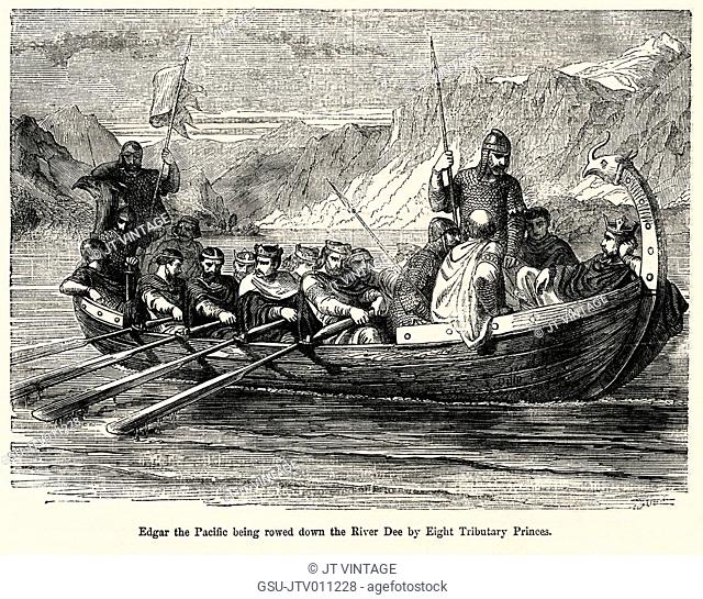 Edgar the Pacific being rowed down the River Dee by Eight Tributary Princes, Illustration from John Cassell's Illustrated History of England, Vol