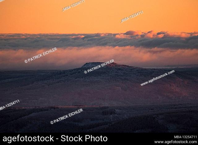 Germany, Saxony, Ore Mountains, Fichtelberg in winter at sunrise