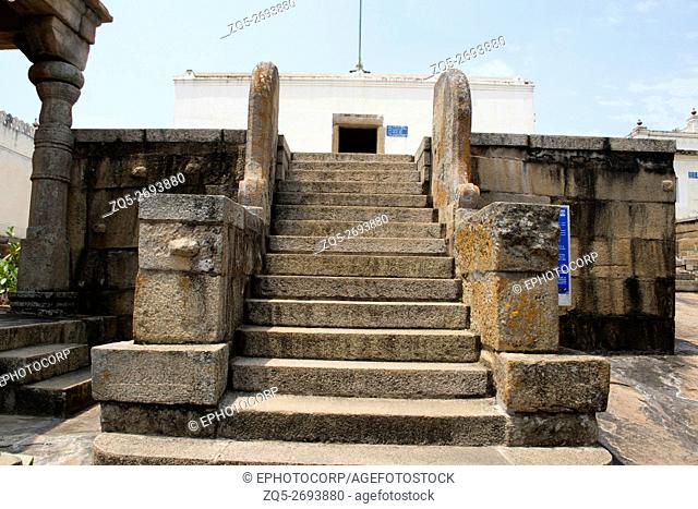 Front view of Eradukatte Basadi, Chandragiri hill, Sravanabelgola, Karnataka, India. It is situated opposite Chavundaraya Basadi and enshrines the statue of...