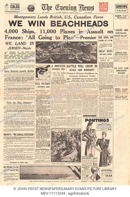 1944 Evening News front page reporting D-Day landings of Allies at Normandy