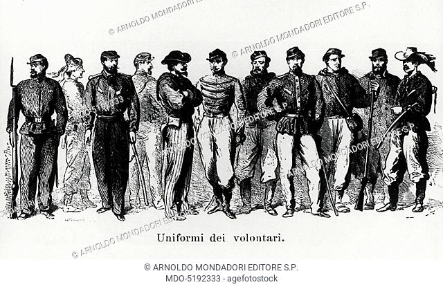 Uniforms of the Volunteers of the Expedition of the Thousand (Uniformi dei volontari della spedizione dei Mille), 19th Century, engraving