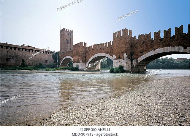 Ponte Scaligero, by Unknown artist, 1354 - 1356, 14th Century, building marble from Roman times. Italy; Veneto; Verona; Ponte Scaligero; . View