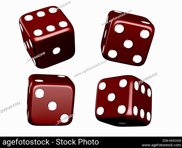 Dark red dice and different angles on isolated white background