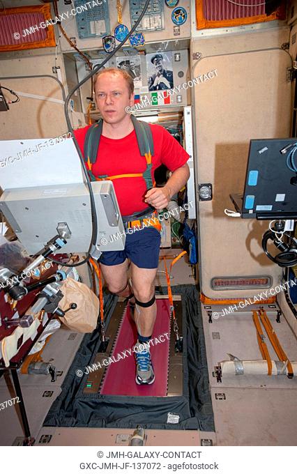 Russian cosmonaut Oleg Kotov, Expedition 37 flight engineer, equipped with a bungee harness, exercises on the Treadmill Vibration Isolation System (TVIS) in the...