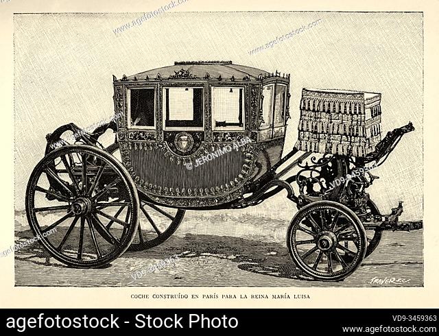 Royal carriage built in Paris for Queen Maria Luisa. Engraving from Historia del Reinado de Carlos IV 1890