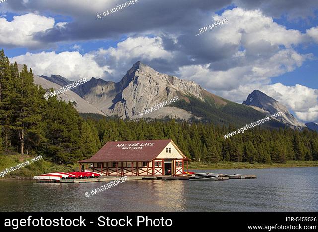Boathouse with canoes at Maligne Lake, Jasper National Park, Alberta, Canadian Rocky Mountains, Canada, North America