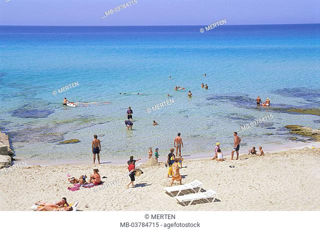 Spain, , island Formentera,  Platja de Mitjorn, sea, swimmers  Europe, Mediterranean island, destination, beach, sandy beach, vacationers, tourists