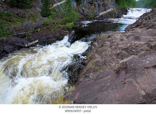 Side view of the Karelian waterfall Kivach