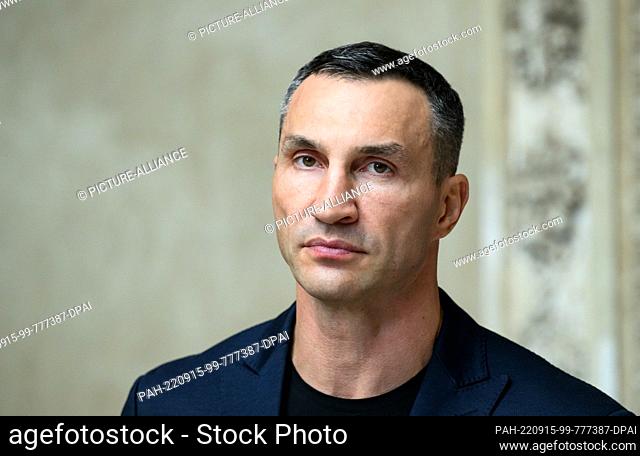 15 September 2022, Brandenburg, Potsdam: Wladimir Klitschko speaks at a press conference before the M100 Media Awards ceremony during the M100 Sanssouci...