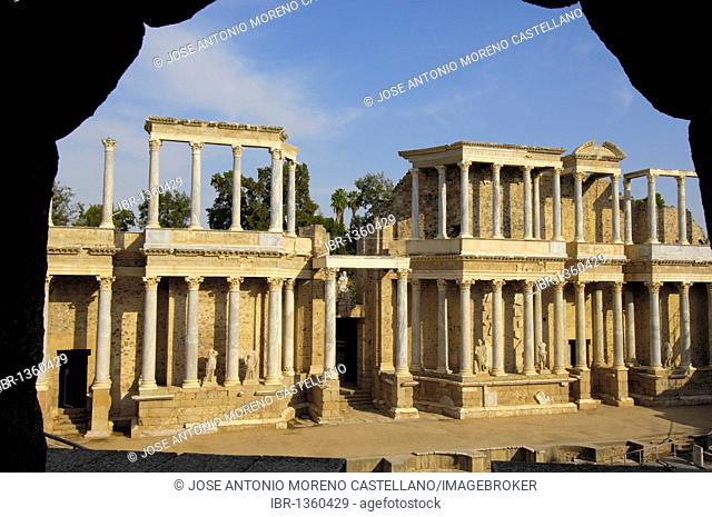 Ruins, theater in the old Roman city Emerita Augusta, Ruta de la Plata, Merida, Badajoz province, Spain, Europe