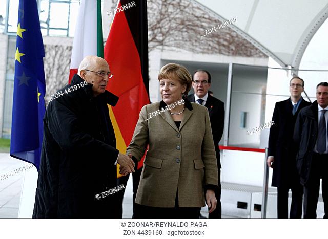 Berlin, 28th February, 2013. German Chancellor Merkel welcomes Italiens Staatspräsident Giorgio Napolitano at the Chancellery in Berlin