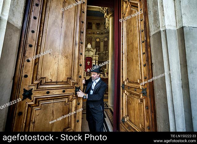 The custodian of the Synagogue of Rome Gabriele Sonnino opens the door of the Synagogue , Rome, ITALY-15-02-2022