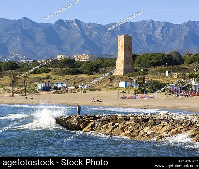 near Marbella, Malaga Province, Costa del Sol, Andalusia, southern Spain. 16th century Torre de los Ladrones amongst Artola sand dunes behind Artola Cabopino...