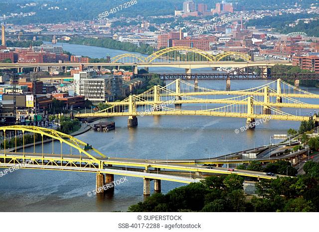 Bridges cross the Allegheny River near Downtown Pittsburgh, PA