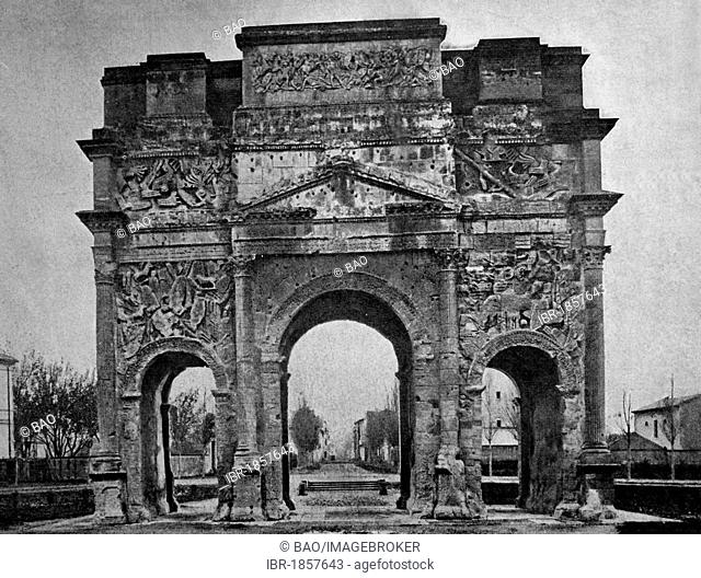 Early autotype Triumphal Arch of Orange, UNESCO World Heritage Site, Orange, Vaucluse, France, historical picture, 1884