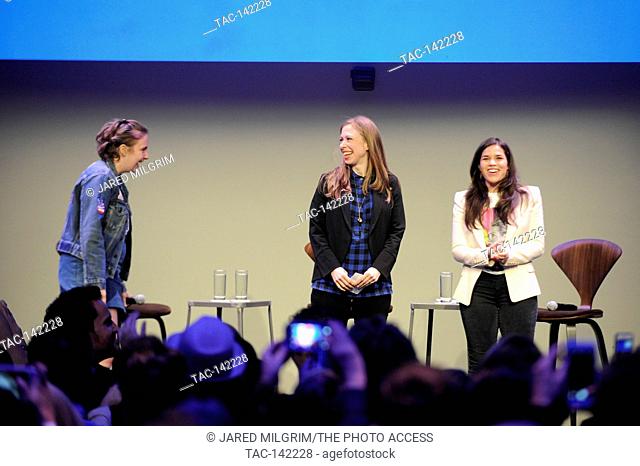 Chelsea Clinton (c), Lena Dunham (l) and America Ferrera (r) attend a conversation with Chelsea Clinton at NeueHouse on March 20, 2016 in Los Angeles