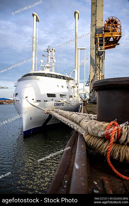 11 October 2023, Bremen: The ""Canopee"" ship, specially designed to transport the new European Ariane 6 launcher, is moored in the port of Neustadt