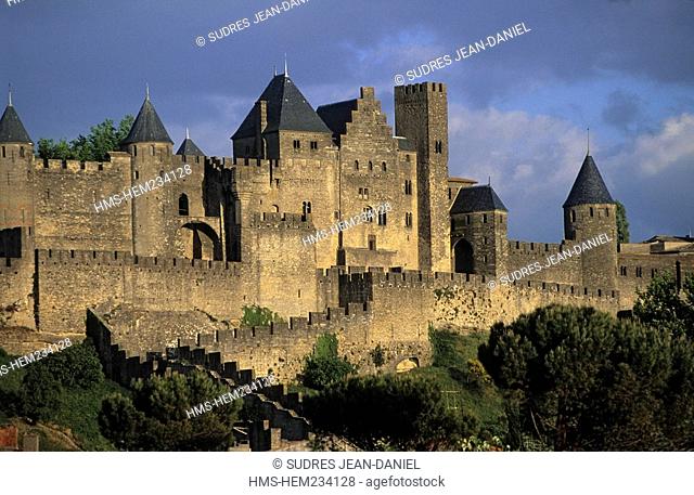 France, Aude, Carcassonne, views of the ramparts and the historic fortified city, listed as World Heritage by UNESCO