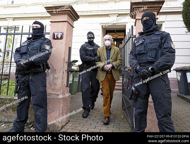 07 December 2022, Hessen, Frankfurt/Main: In a raid against so-called ""Reichsbürger"" masked police officers, after searching a house Heinrich XIII Prince...