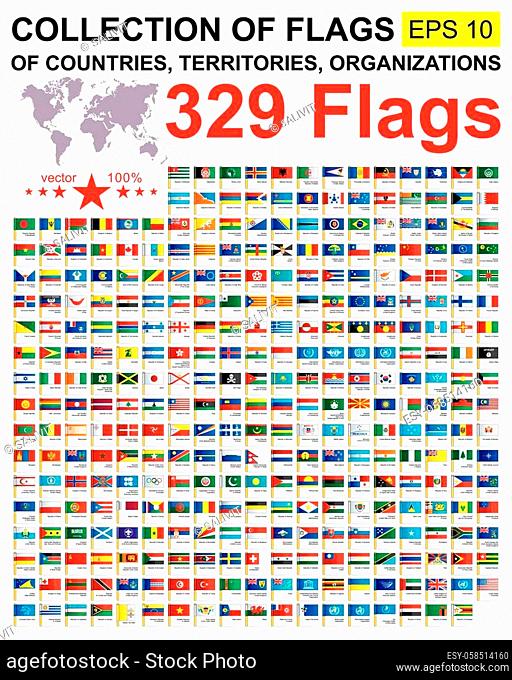Flags of the world. Collection world Flags of sovereign states, territories and organizations with names. Complete Collection world Flags