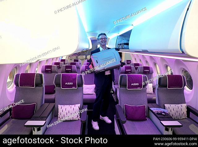 06 June 2023, Hamburg: Ingo Wuggetzer, Head of Cabin Marketing at aircraft manufacturer Airbus, stands in a mock-up of the Airspace cabin of an Airbus A220 at...