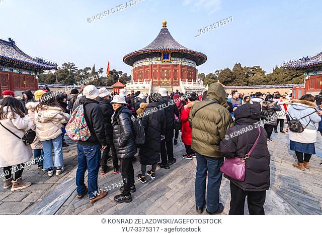 Tourists in front of Imperial Vault of Heaven in Temple of Heaven in Beijing, China
