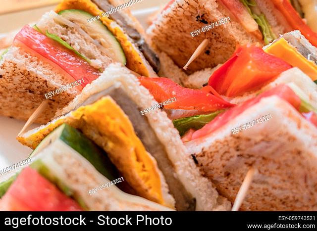 Vegetarian sandwiches. Healthy toasts with omelette, peppers, courgettes and tomatoes for breakfast or lunch. Plant-based diet. Whole food concept
