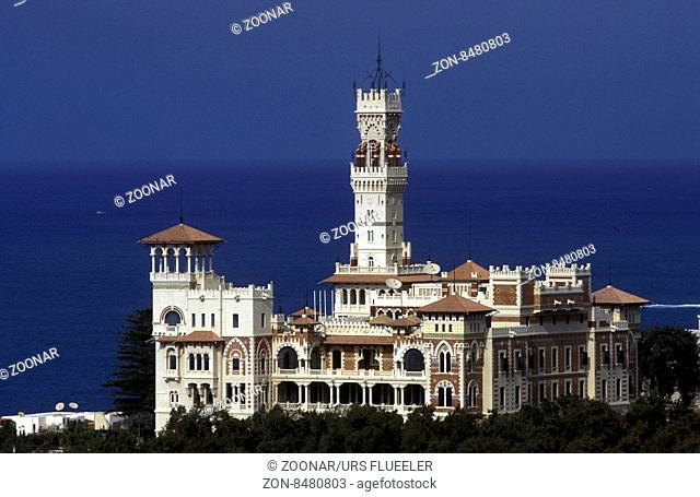 the Montazah Palace at the coast at the al corniche road in the city of Alexandria on the Mediterranean sea in Egypt in north africa