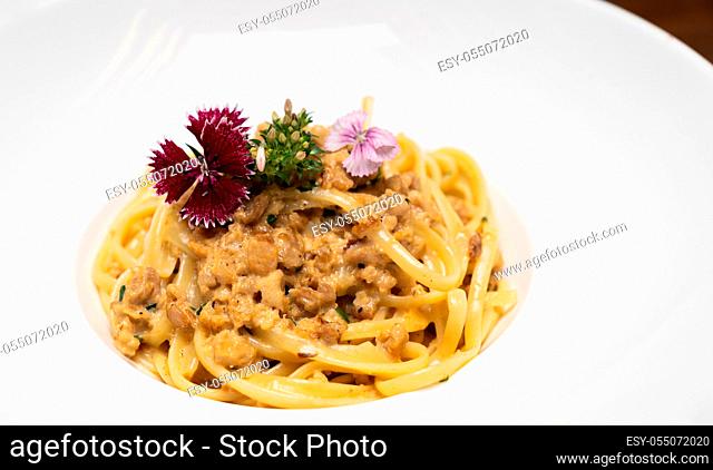 Spaghetti Cabonara pasta meat sauce with cream parmesan cheese, gourmet italian and mesiterranean cuisine recipe for food and drink industry concept