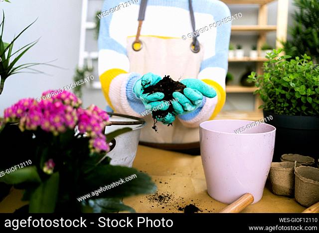Woman holding fertilizer by flower pot at workshop