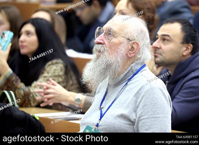 RUSSIA, MOSCOW - NOVEMBER 19, 2023: Russian State Duma member Anatoly Vasserman (front) takes an annual Russian geography test, Geographical Dictation