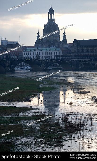 15 December 2023, Saxony, Dresden: The Elbe meadows in front of the Old Town with the Frauenkirche are slightly flooded this morning