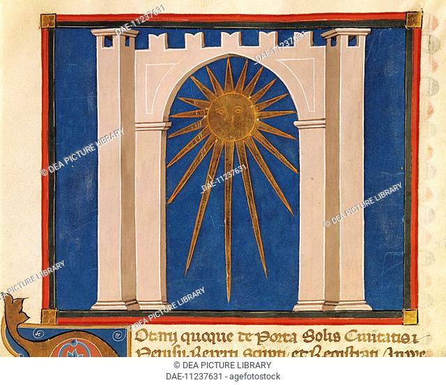 Gateway of the Sun, miniature from Register of Notaries from Perugia, manuscript, Italy 14th Century.  Perugia, Biblioteca Capitolare (Library)