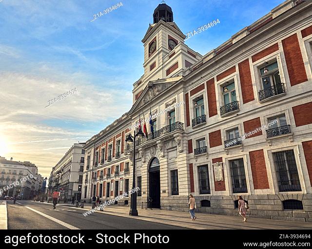 Casa de Correos building located at Puerta del Sol square, one of the citieâ. . s most famous sites. Madrid Spain. The building houses the current headquarters...
