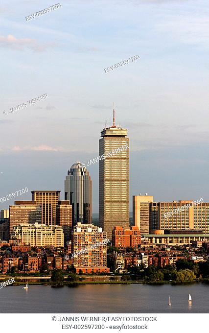 View of the Boston, MA Skyline of Back Bay, including the landmark Prudential Tower Seen from near Kendall/MIT across the Charles river in Cambridge, MA