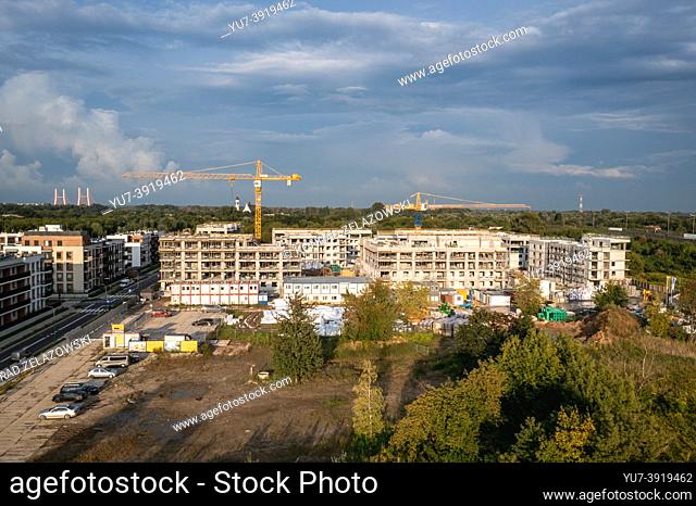 Aerial view of construction site in Siekierki residential neighborhood in the Mokotow district of Warsaw city, Poland