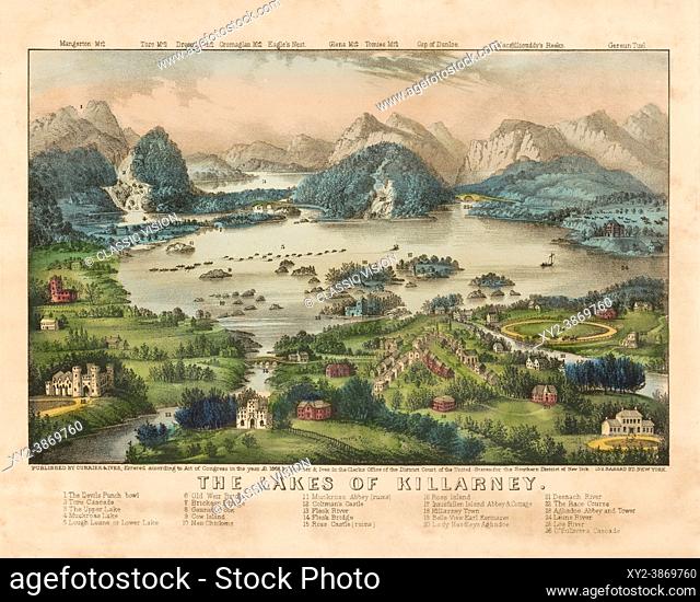 The Lakes of Killarney, after a Currier & Ives print published in 1868. The lakes are one of the main attractions in the Killarney National Park, County Kerry