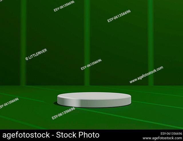 Simple, Minimal 3D Render Composition with One White Cylinder Podium or Stand on Abstract Striped Shadow Dark, Warm Green Background for Product Display