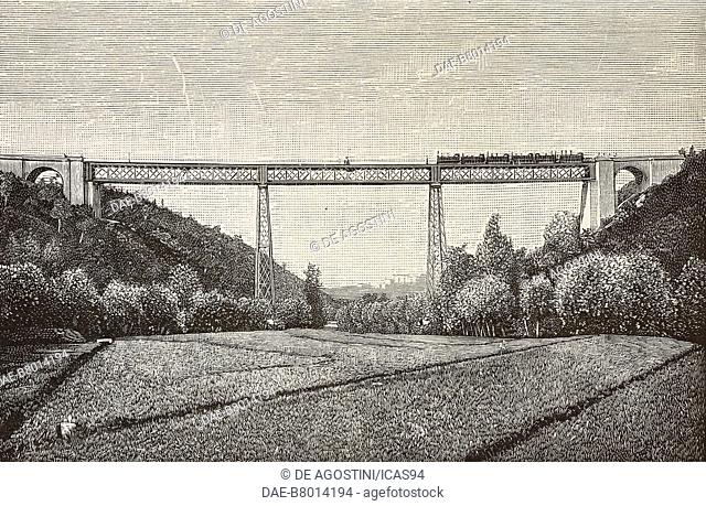 The iron railway viaduct over the Olona River, Malnate, Italy, engraving from a photograph by Fidanza, from L'Illustrazione Italiana, year 12, no 45, November 8