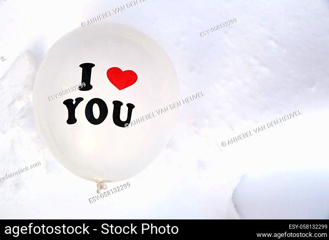 White Valentines Day balloon with the text I love you in fresh white snow background, Copy space, Love, winter, Valentine concept space for text