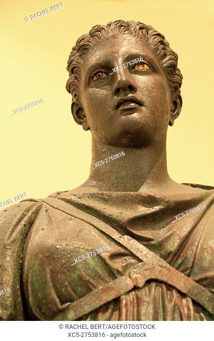 Bronze statue of Artemis. This robust female type was formerly assigned to some great poetess or Muse and has been linked to sculptural compositions attributed...